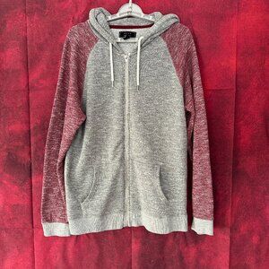 21 MEN MEN'S GRAY & MAROON RAGLAN LONG SLEEVE, ZIP-UP HOODIE, POUCH POCKETS, XL